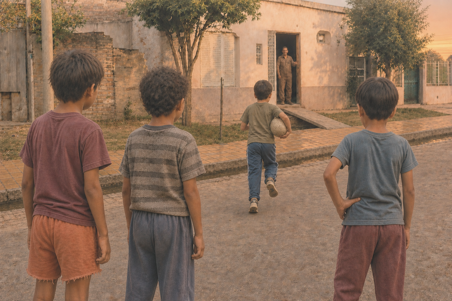 Niños jugando en el barrio al atardecer